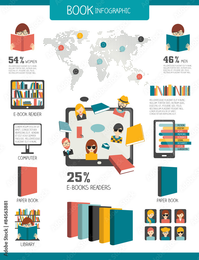 Book and reading infographics. Flat vector design. Book and reading infographics. Flat vector design.