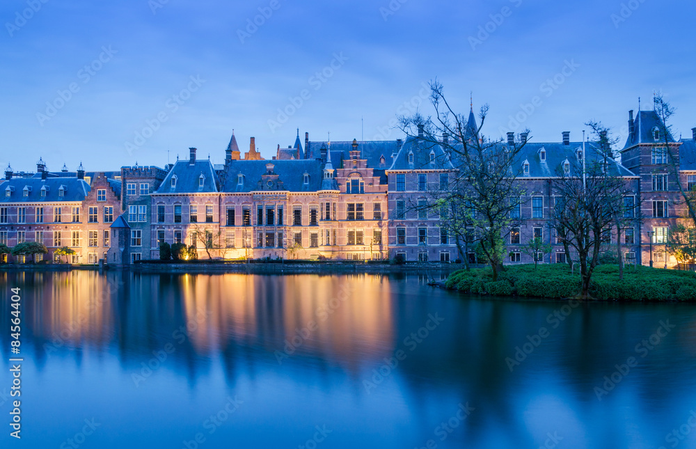 Twilight at Binnenhof palace, place of Parliament in The Hague.