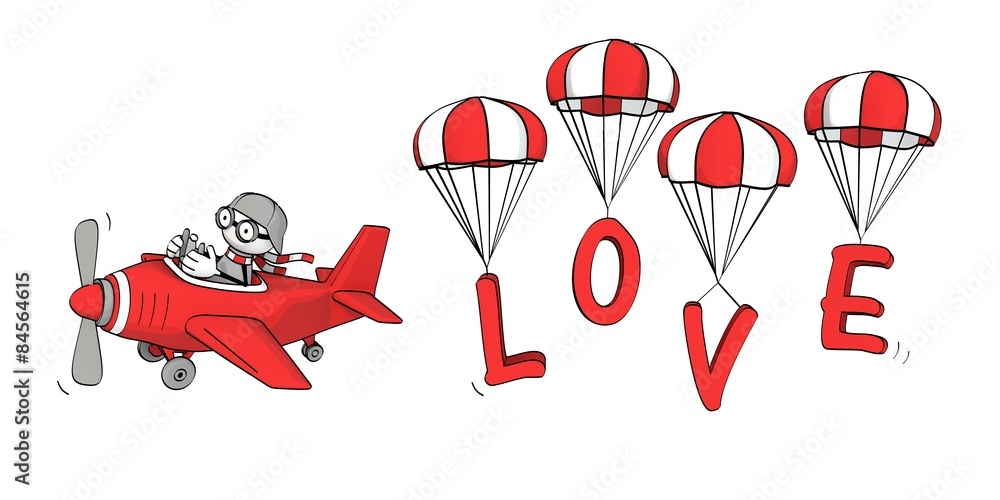 little sketchy man flying in a red plane and love with parachute