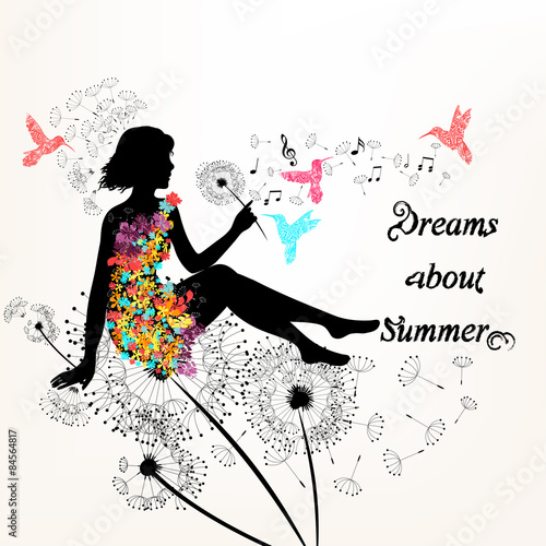 Illustration with girl in a floral dress sit in environment of d