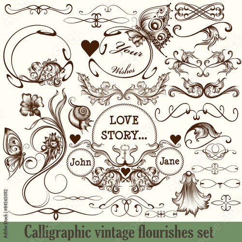 Vector set of calligraphic elements for design. Calligraphic vec