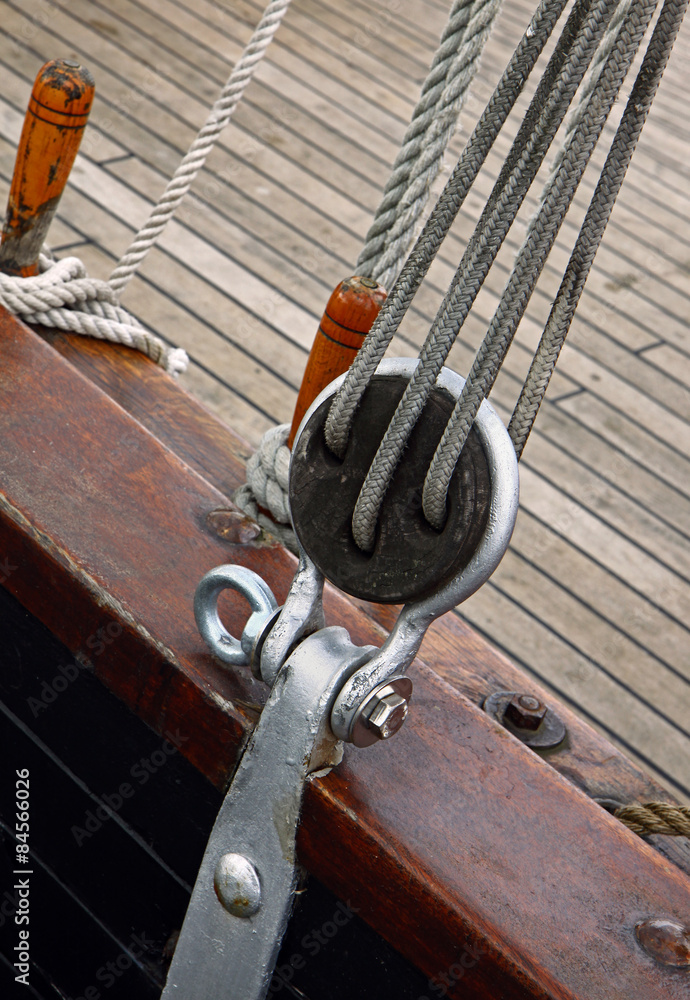 Boat equipment details, pulley, ropes and a part of broadside Boat equipment details, pulley, ropes and a part of broadside