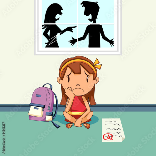 Parents arguing, sad girl, school problems