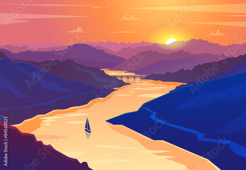 Sunset landscape. Vector illustration. © Krolone