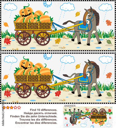 Halloween, autumn or harvest themed visual puzzle: Find the ten differences between the two pictures of donkey pulling a cart with pumpkins in the rainy fall day. Answer included.
