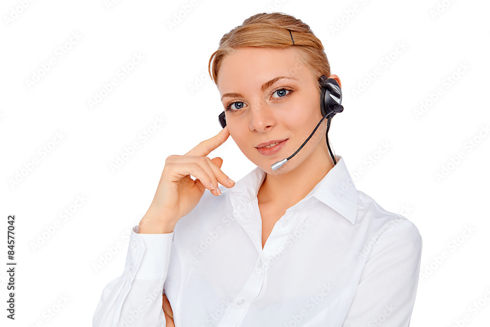 Support phone operator in headset, blonde girl, isolatedblond girl, isolated Support phone operator in headset, blonde girl, isolatedblond girl, isolated