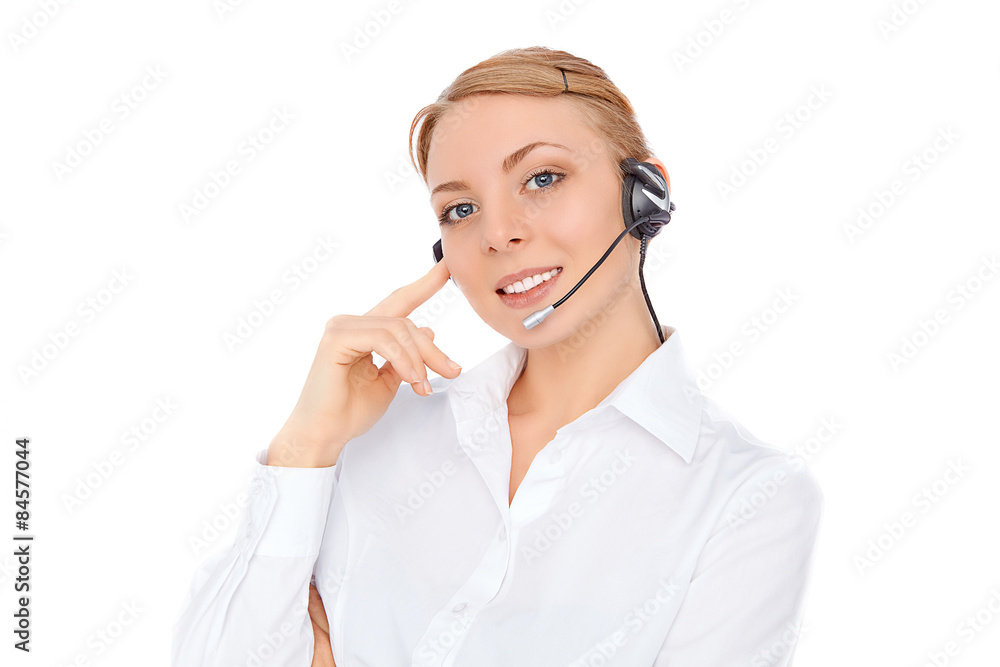 Support phone operator in headset, blonde girl, isolatedblond girl, isolated Support phone operator in headset, blonde girl, isolatedblond girl, isolated