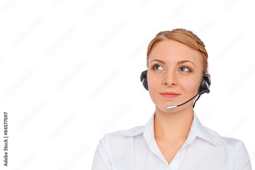Support phone operator in headset, blonde girl, isolated Support phone operator in headset, blonde girl, isolated