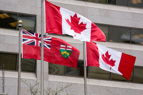 Canvas Print Flag of Ontario along two Canadian Flags in downtown Toronto
