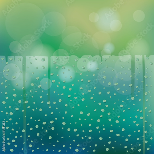 Water Drops on Glass Green Blur Background with Horizontal Space
