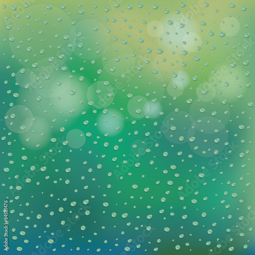 Water Drops on Glass Green Blur Background