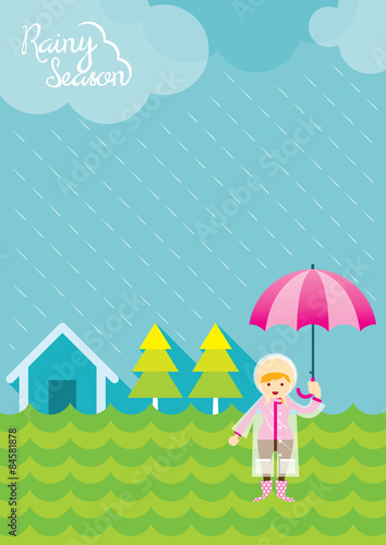 Girl with Umbrella in the Field Rainy Season