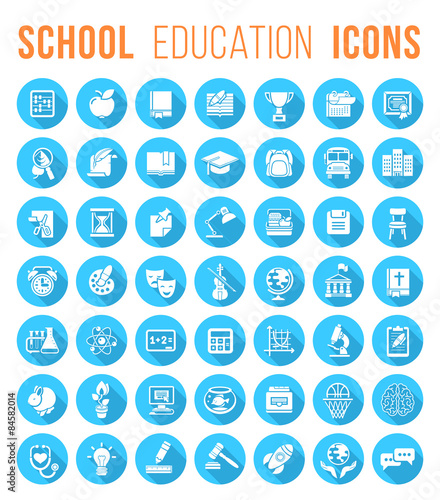Round Flat White School Icons Silhouettes with long shadows
