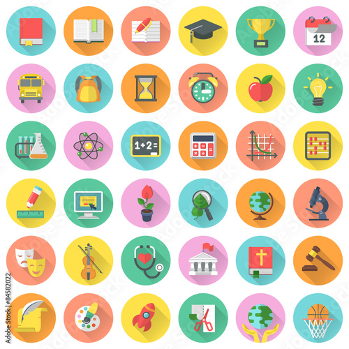 Round vector flat school subjects icons