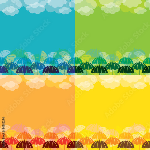 Set of Four Umbrella and Cloud Background Horizontal Pattern