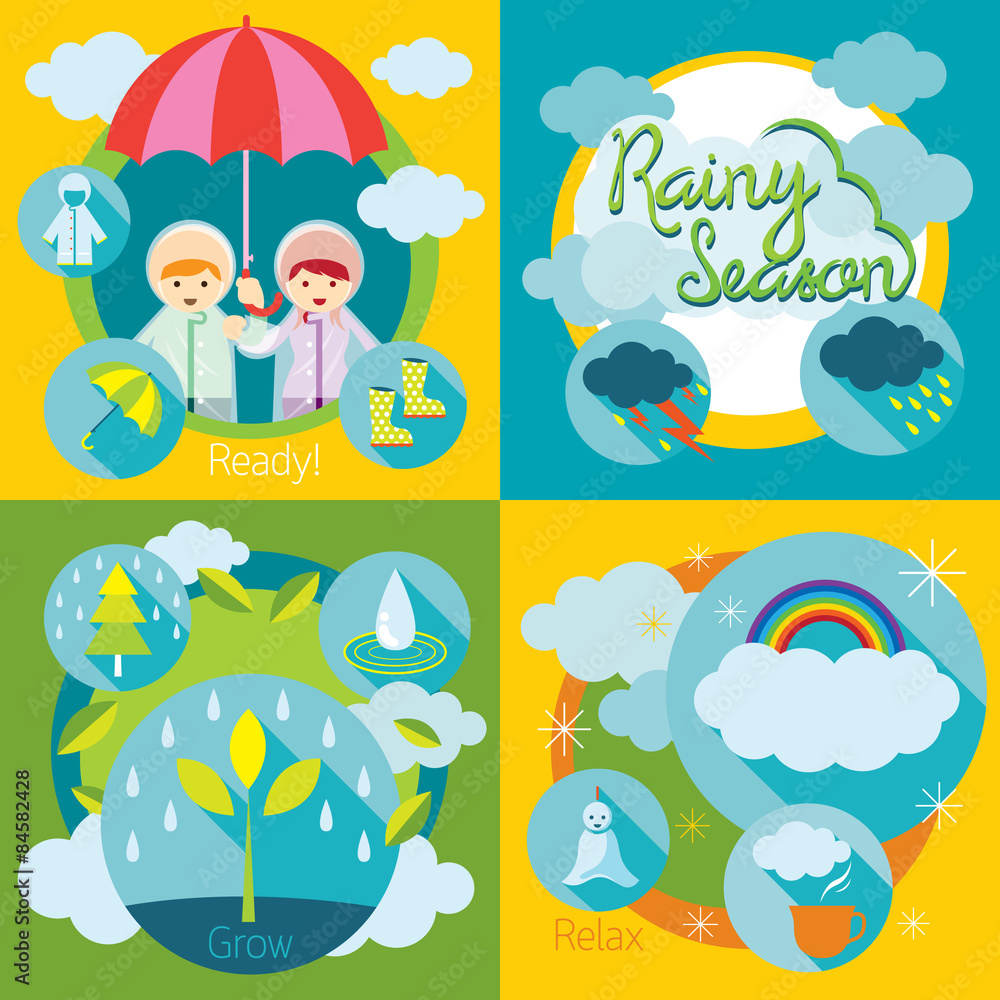 Naklejka premium Rainy Season, Ready, Grow and Relax Set