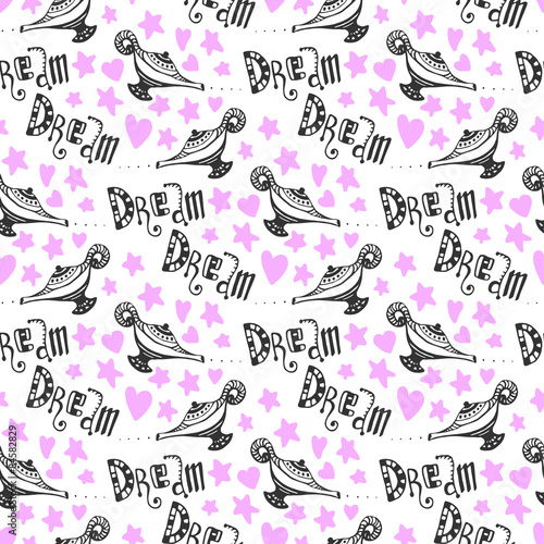Hand drawn seamless pattern with magic Aladdin genie lamp