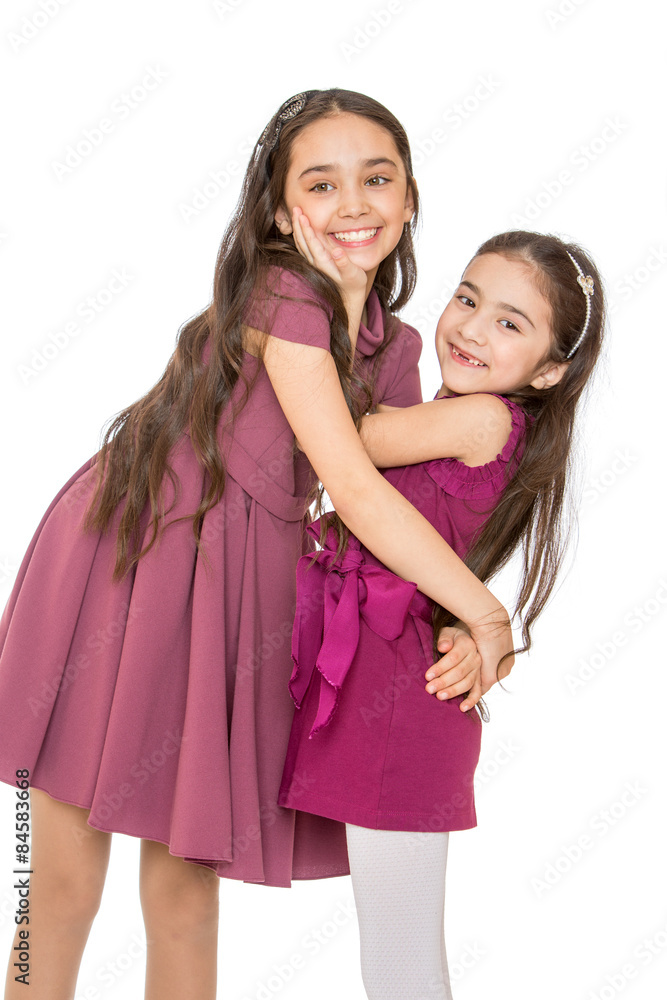 Stylish long-haired sisters hugging each other Stylish long-haired sisters hugging each other