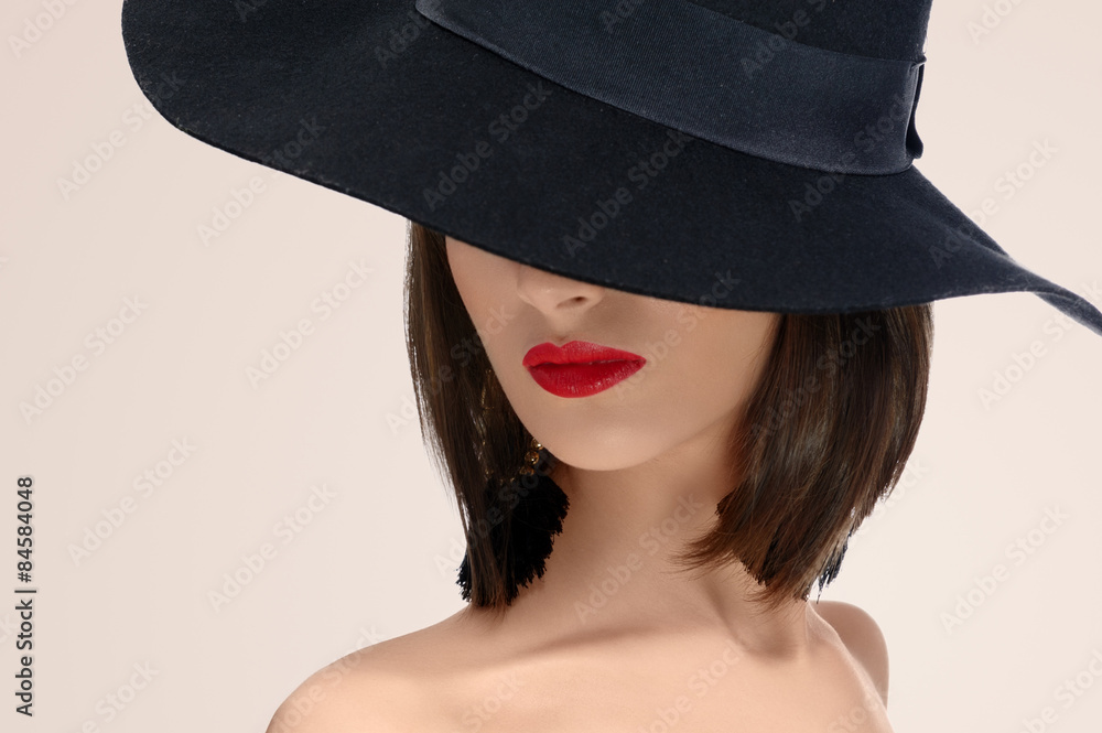 beautiful girl with makeup in hat and earrings beautiful girl with makeup in hat and earrings