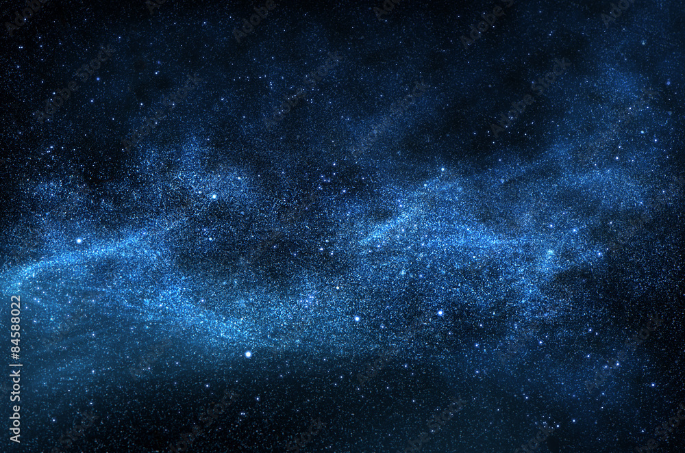 Naklejka premium Ciemne nocne niebo z musującymi gwiazdami i planetami, ilustracja