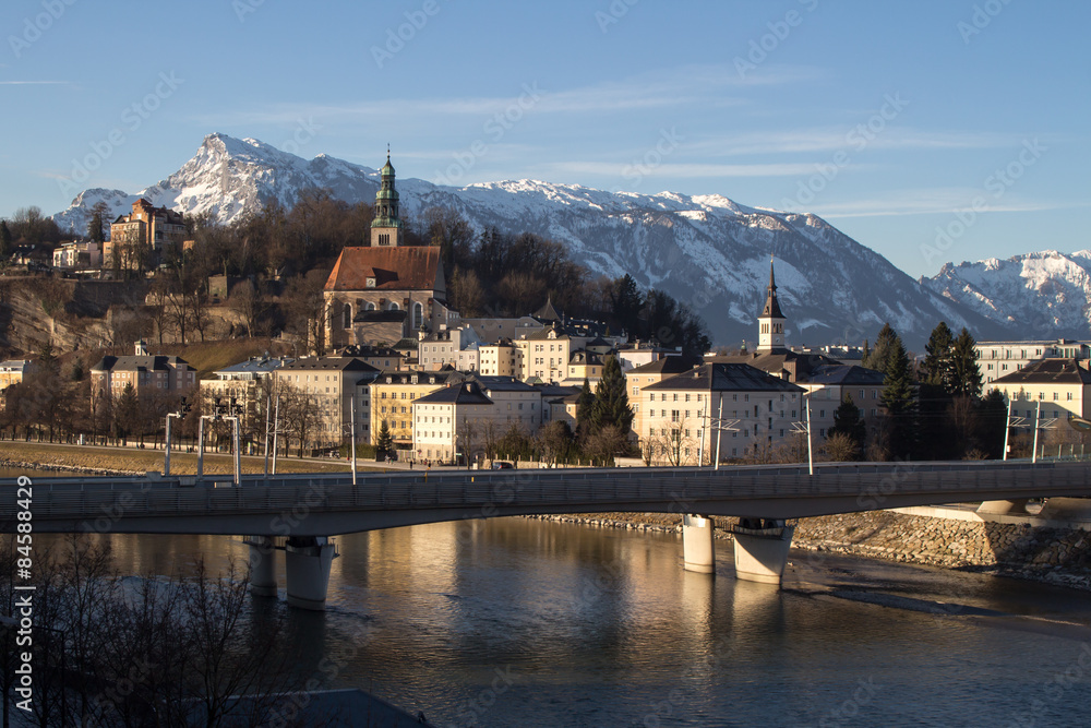 Cityscape at the river Salzach in Salzburg, Austria, 2015