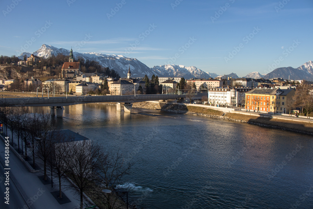 Cityscape at the river Salzach in Salzburg, Austria, 2015
