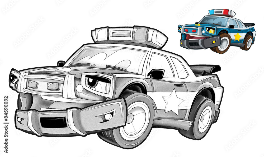 Cartoon police car - caricature - coloring page Stock Illustration ...