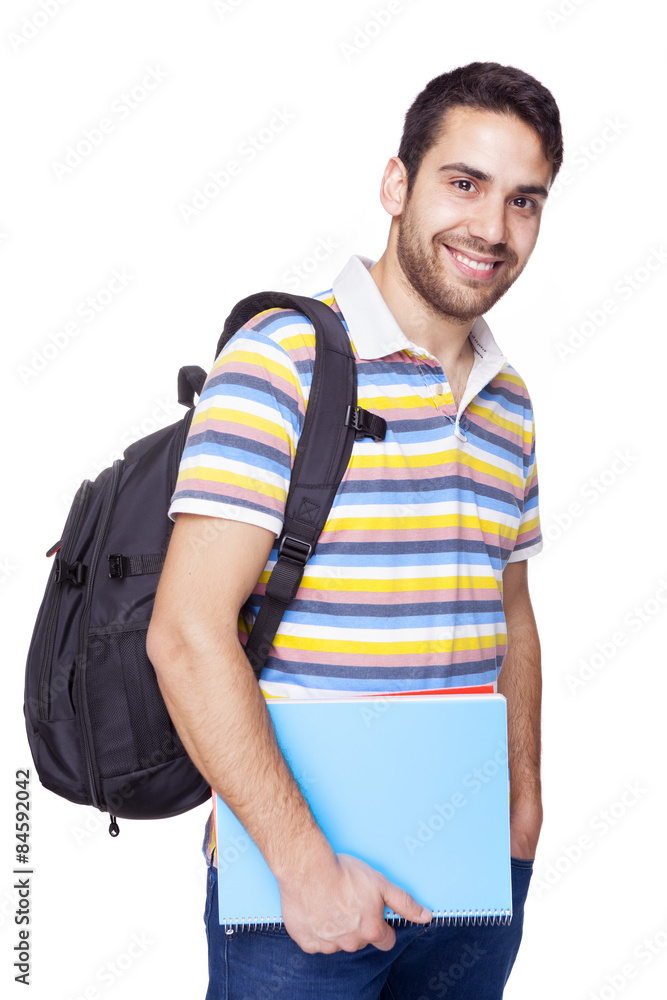 Fototapeta premium Handsome smiling student standing on white background