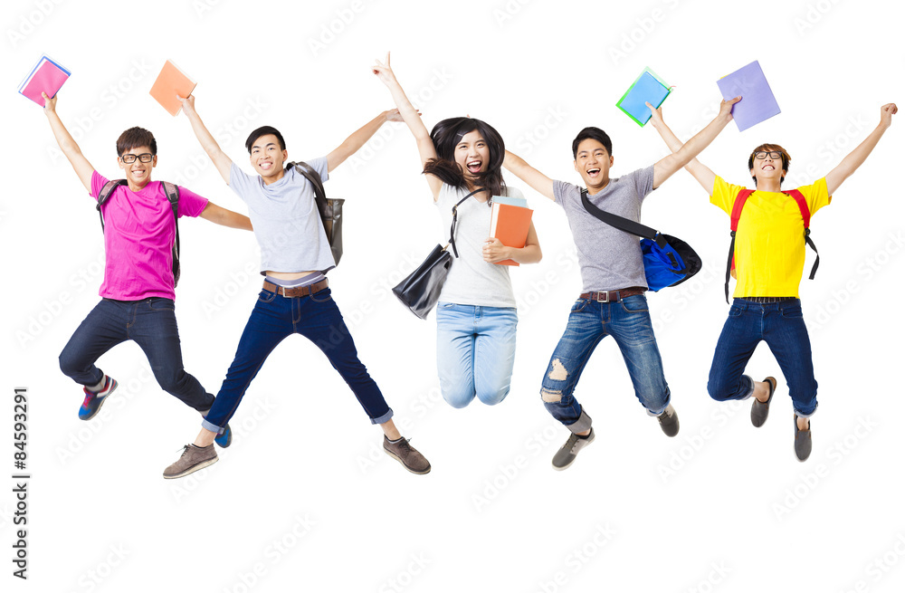 Happy student group jumping together Happy student group jumping together