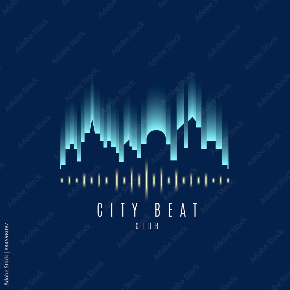 Vector : City building and wave sound Logo ,Music club concept