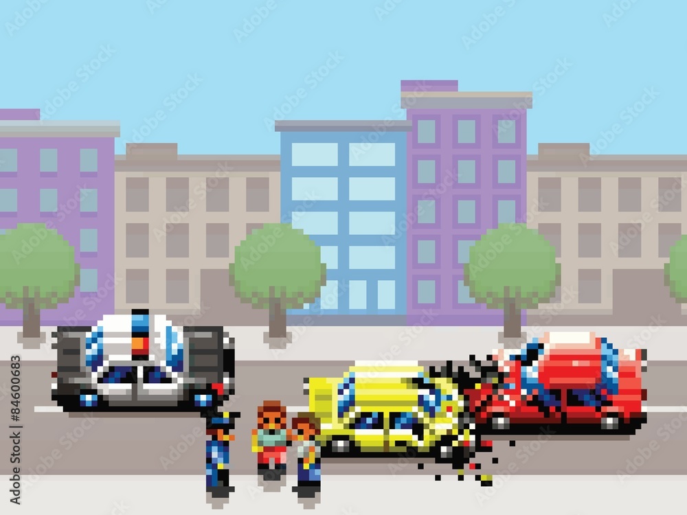city car collision, police car and people pixel art game style ...