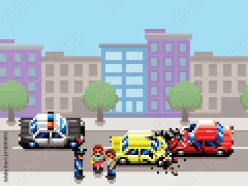 city car collision, police car and people pixel art game style illustration