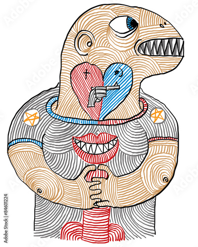 Illustration of a man, love, hate and sex conceptual hand drawn