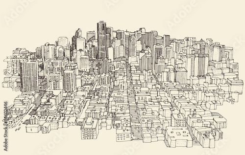 Big city Architecture Engraved Illustration Sketch
