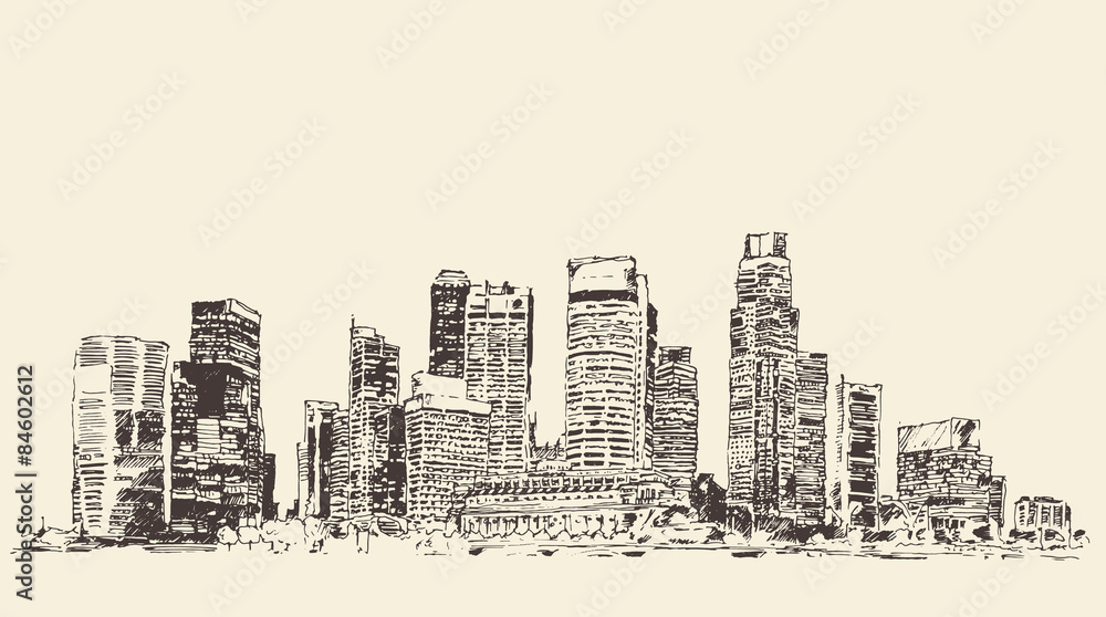 Fototapeta premium Big city Architecture Engraved Illustration Sketch