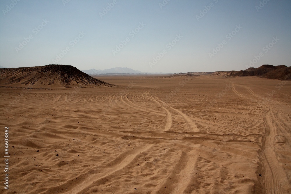 Pustynny krajobraz - ślady samochodów na piasku - obrazy, fototapety, plakaty 