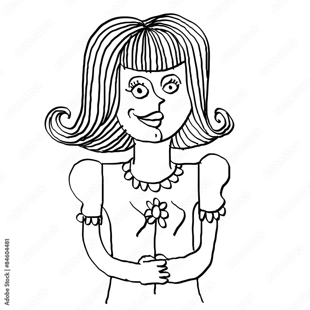 Vector monochrome illustration of smiling woman holding a flower