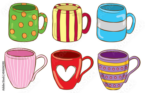 set of cute mug in doodle style