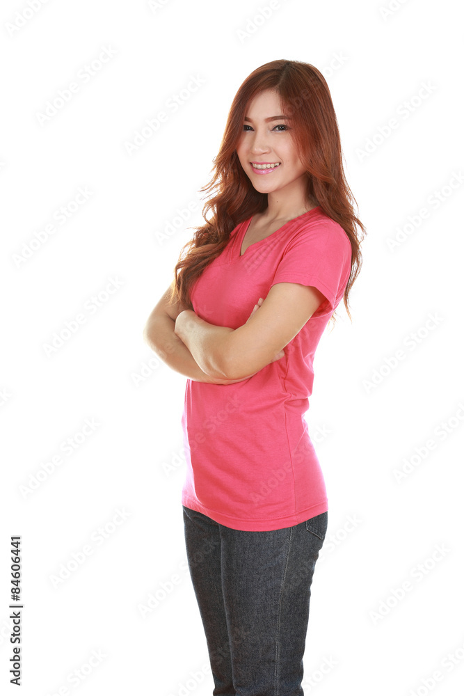 woman with arms crossed, wearing t-shirt woman with arms crossed, wearing t-shirt