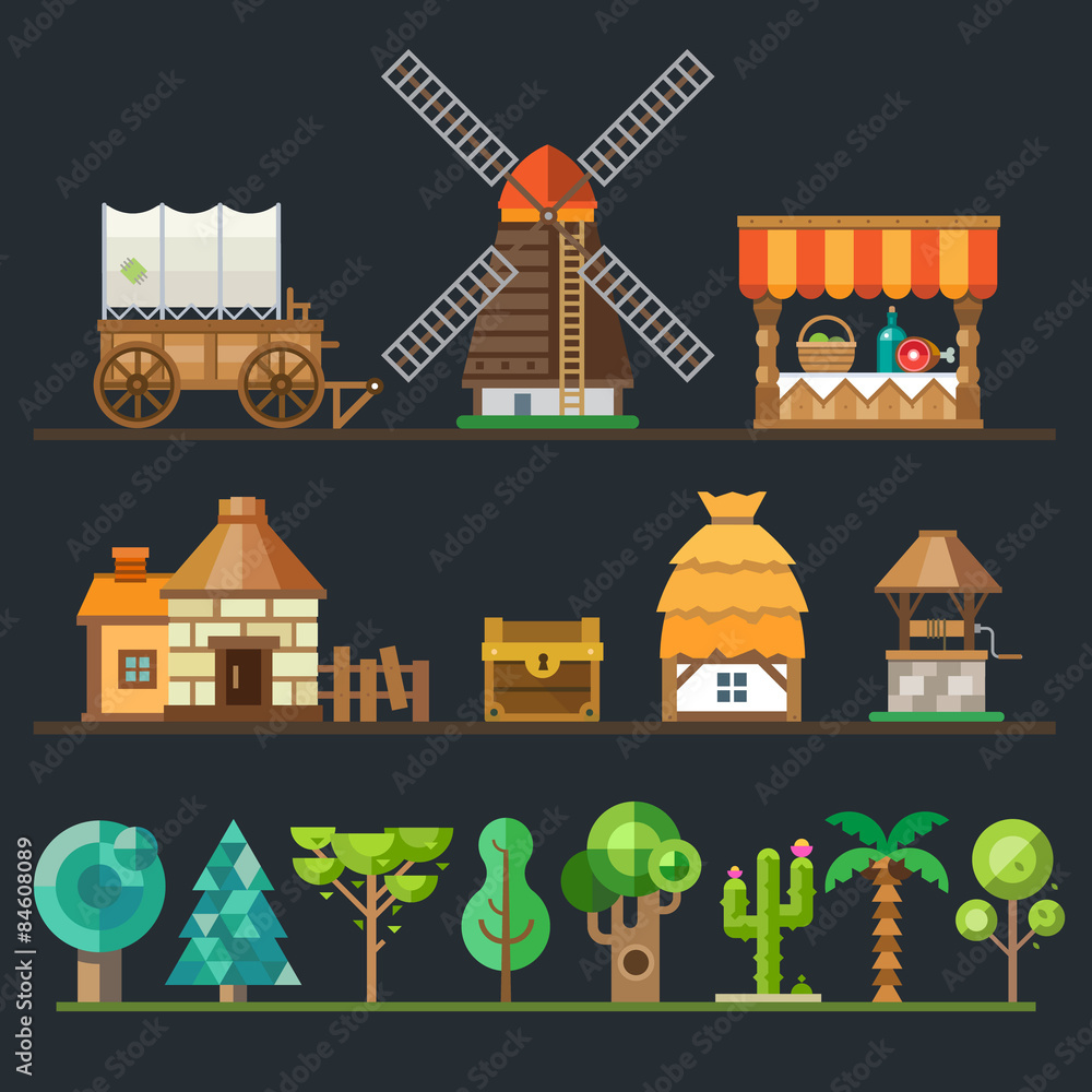 Old village. Different objects, sprites. Vector flat style