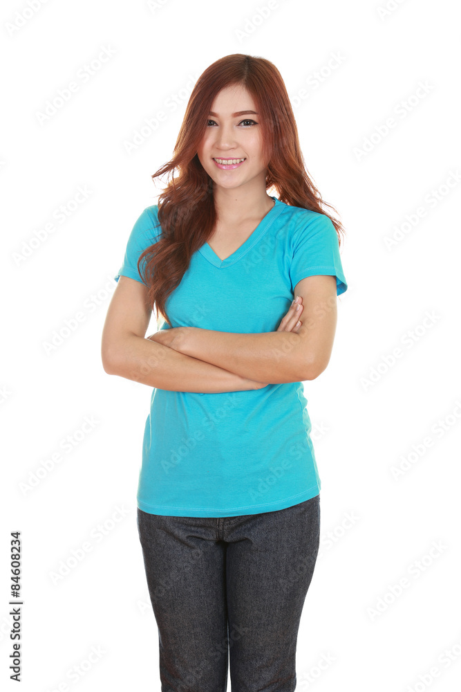 woman with arms crossed, wearing t-shirt woman with arms crossed, wearing t-shirt