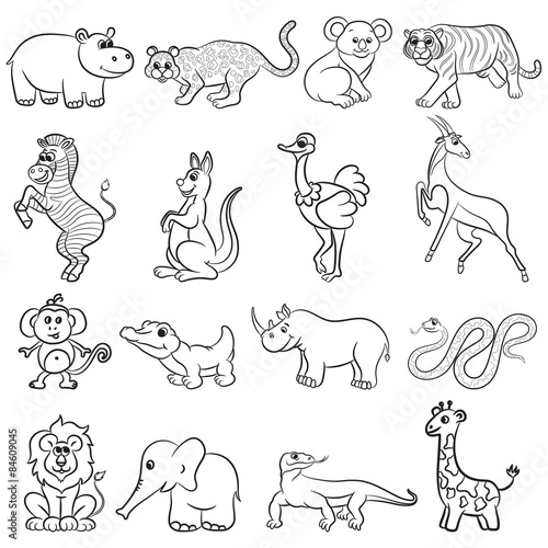 Fototapeta Naklejka Na Ścianę i Meble -  Cute outlined zoo animals collection. Vector illustration.

