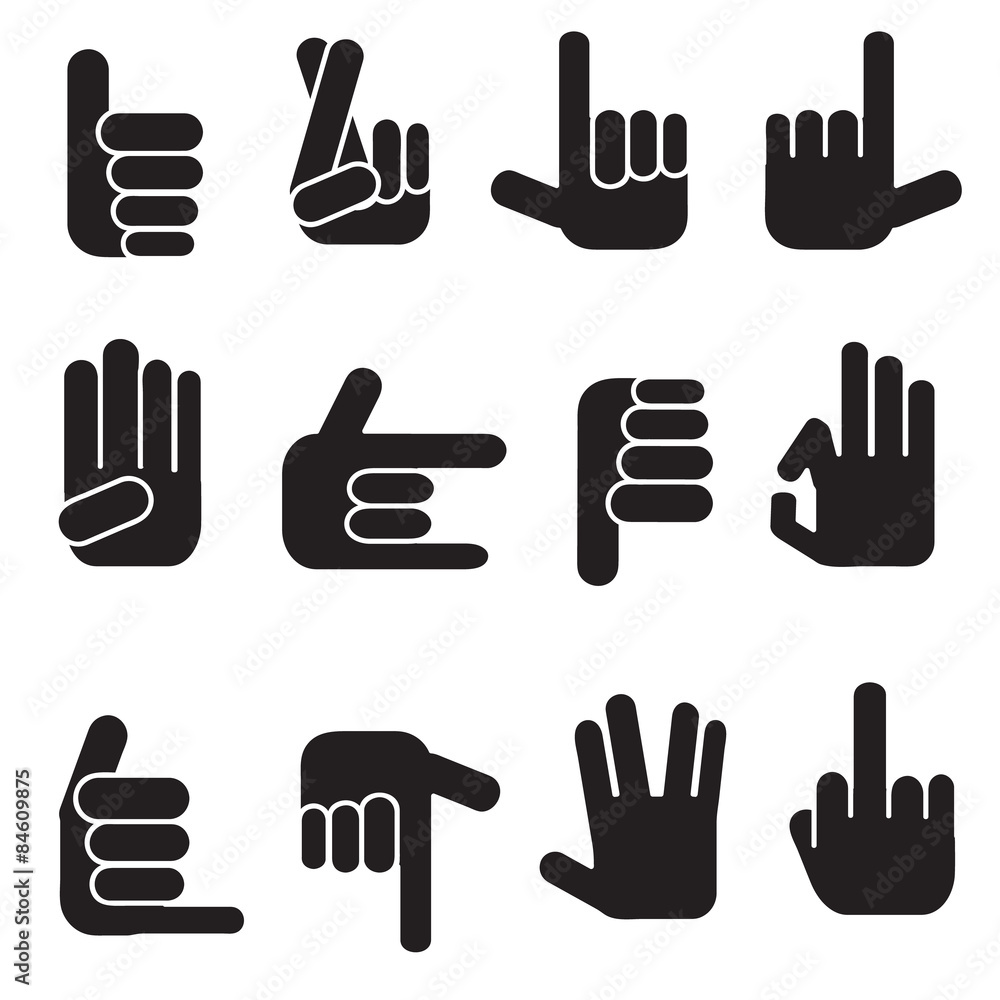Obraz premium Hands vector icons set. different hands, gestures, signals and signs. Vector icon set