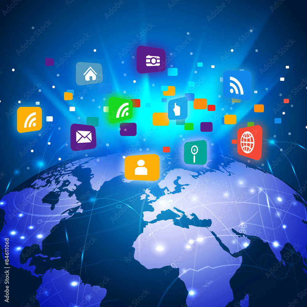 Naklejka premium futuristic world with colorful media network symbol