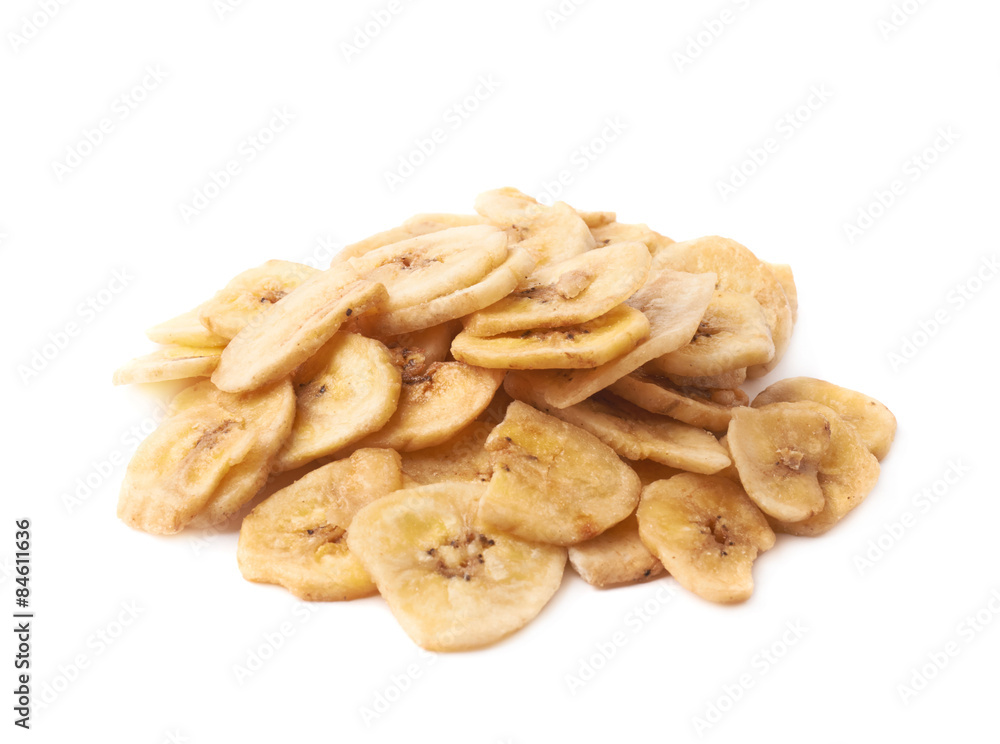 Pile of dried sliced banana snack isolated Pile of dried sliced banana snack isolated
