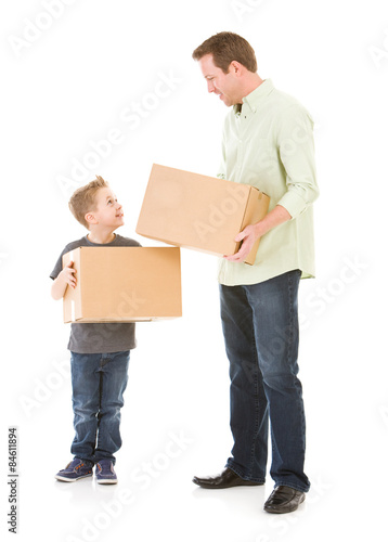 Family: Dad and Son Carrying Cardboard Boxes