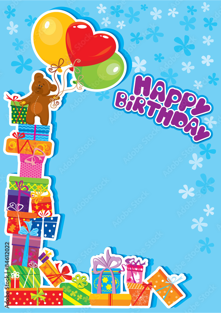 Obraz premium baby boy birthday card with teddy bear and gift boxes