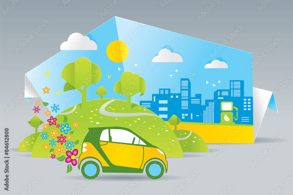 Illustration of eco car on green field Illustration of eco car on green field