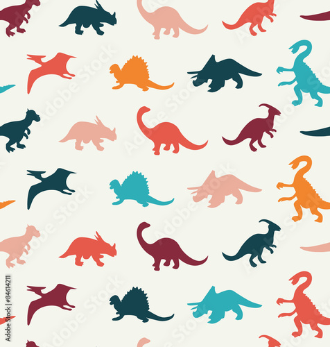 Fototapeta Naklejka Na Ścianę i Meble -  Vector Cartoon Pattern of colorful different dinosaur