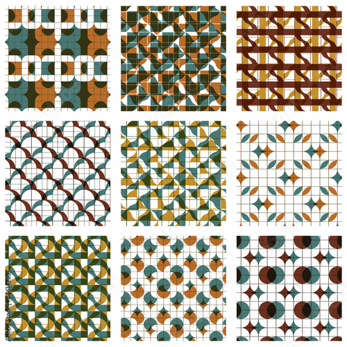 Set of colored grate seamless patterns with parallel lines, ribb